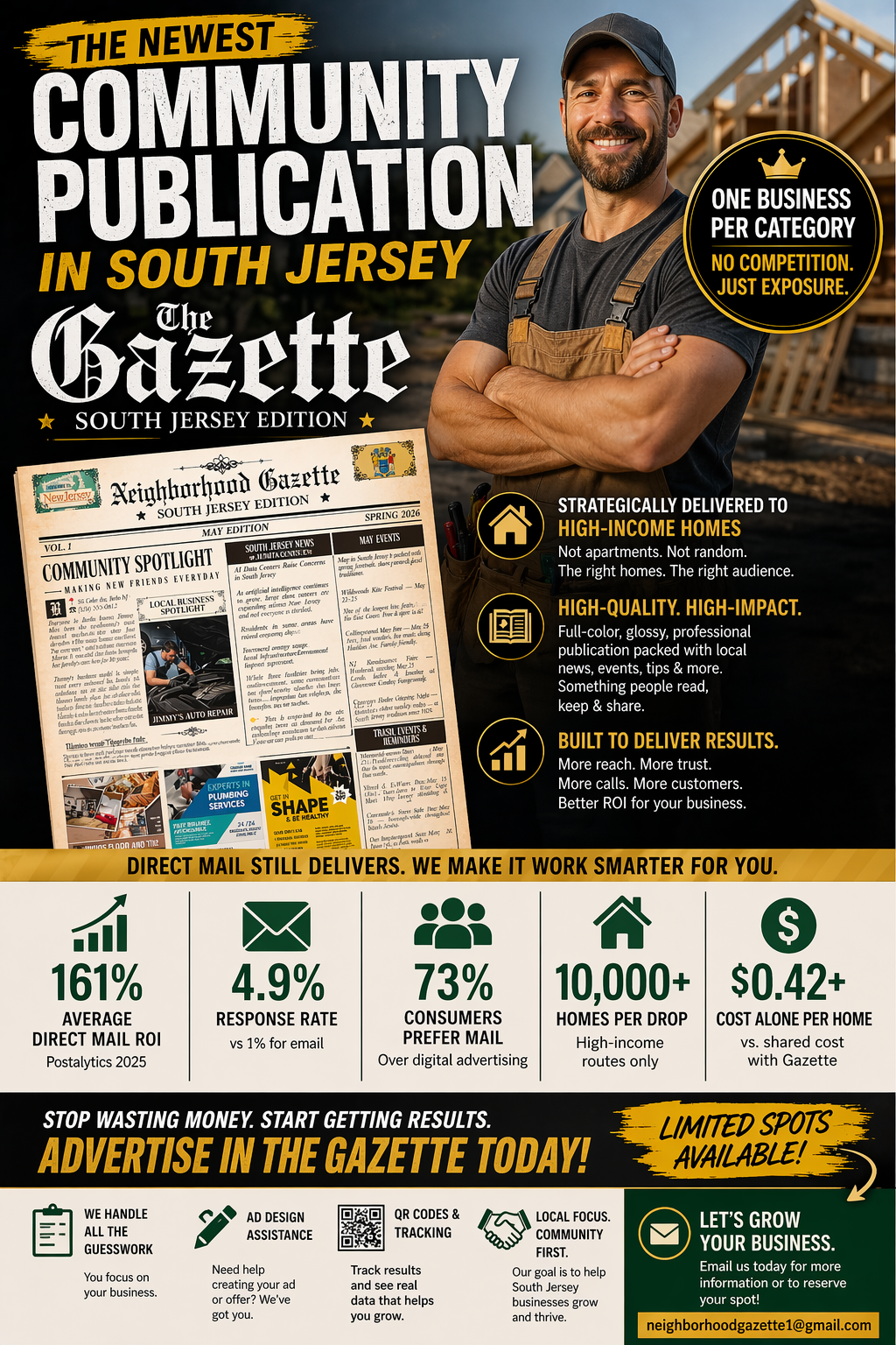 The Neighborhood Gazette — actual printed back page with local ads, Town Card, sports schedule