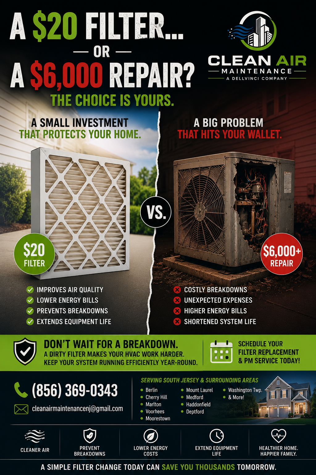 A $20 filter or a $6,000 repair? The choice is yours. Clean Air Maintenance — (856) 369-0343