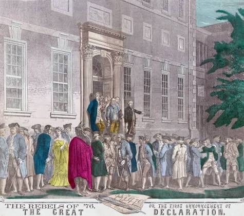 The Rebels of '76 — the First Announcement of the Great Declaration, historical illustration of the first public reading of the Declaration of Independence