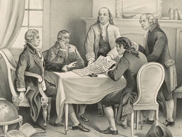 Benjamin Franklin and the drafting committee reviewing the Declaration of Independence, historical illustration