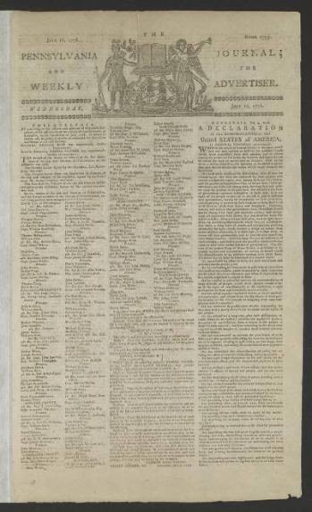 Pennsylvania Journal broadside printing of the Declaration of Independence, July 1776