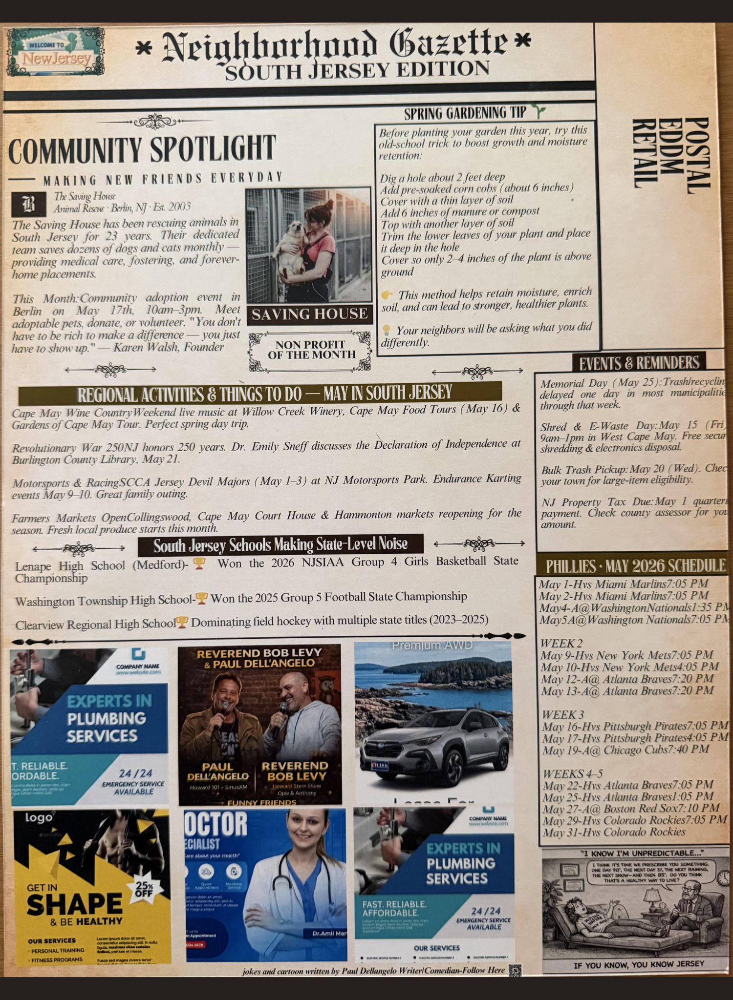 The Neighborhood Gazette — real printed back page, South Jersey Edition Vol. 1