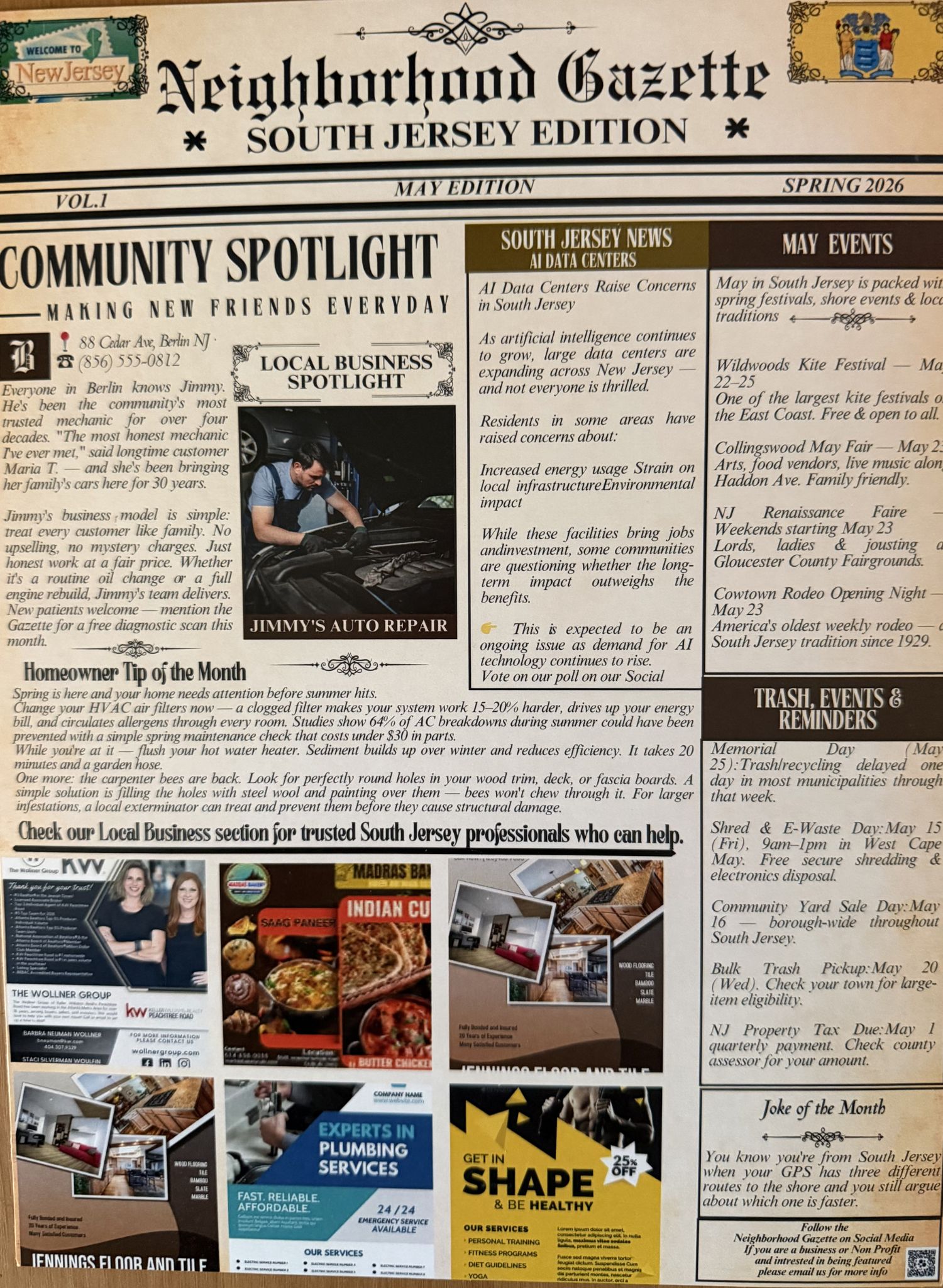 The Neighborhood Gazette — real printed front page, South Jersey Edition Vol. 1