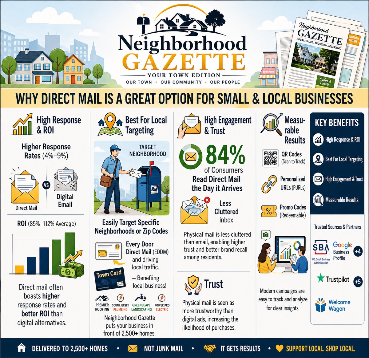 Neighborhood Gazette and Town Card overview — local targeting, engagement, ROI