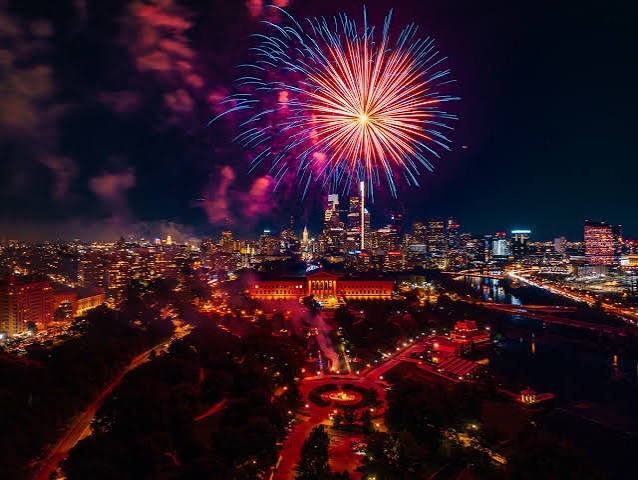 Philadelphia fireworks over the Art Museum — July 4th 2026 America's 250th anniversary