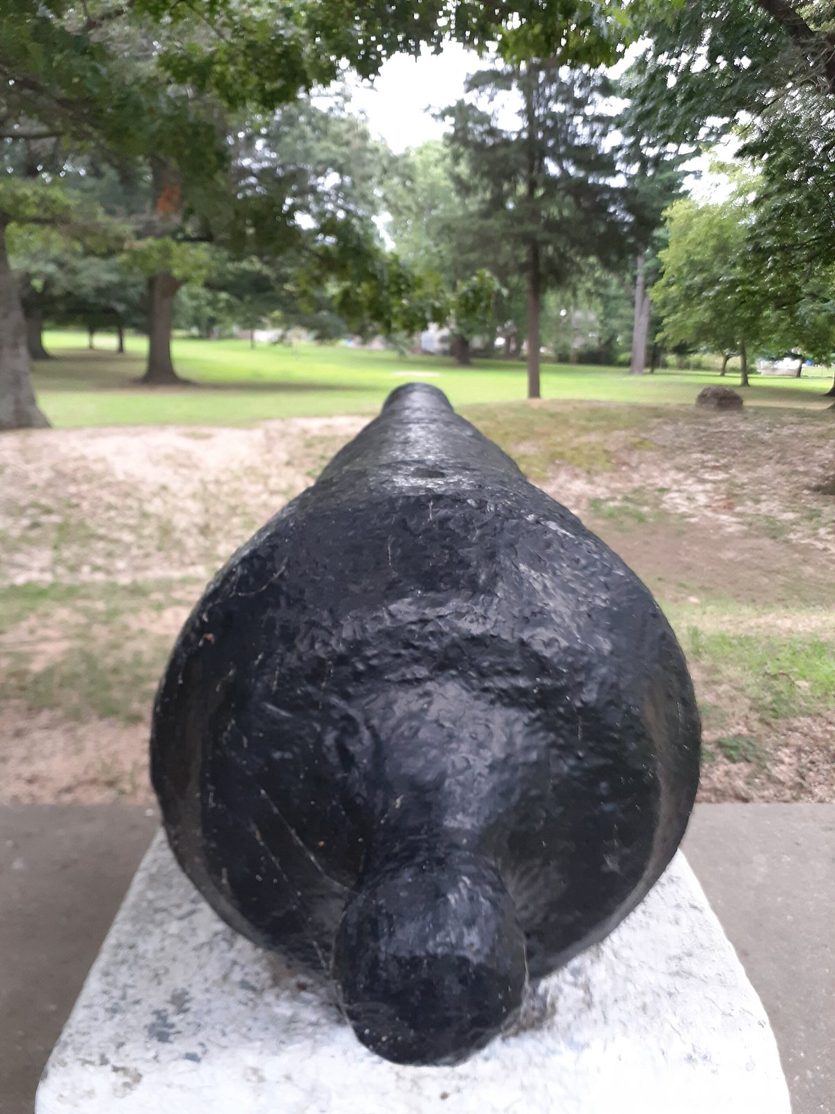 A black iron cannon on a concrete base pointing across a grassy, tree-shaded park toward low earthworks