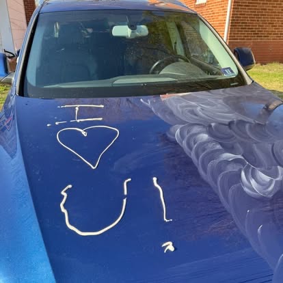 Blue Audi Q5 before detail — 'I Love You' message written in dirt on hood — TCB Auto Detailing South Jersey