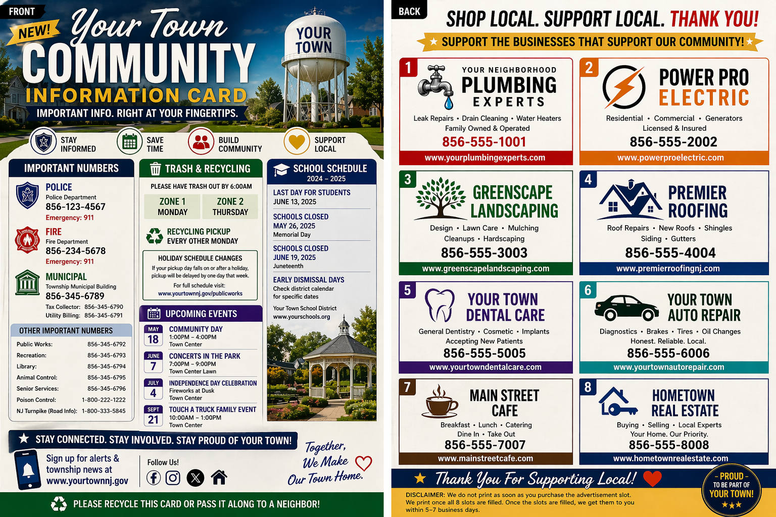 The Town Card — front and back, 11x6 oversized community information card